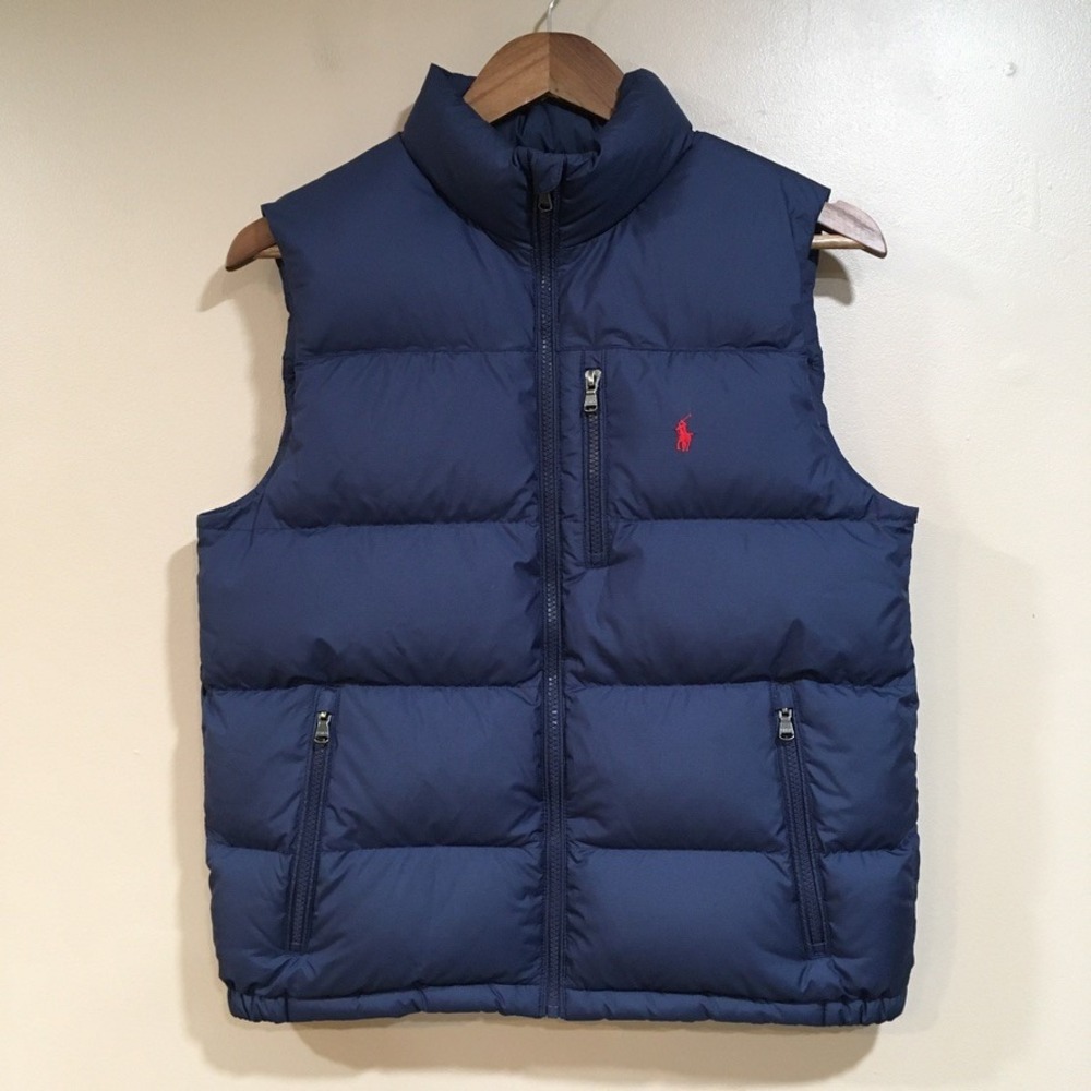Polo Ralph Lauren Down Puffer Vest Boys Youth Sz L 14/16 Navy Blue Pony Logo